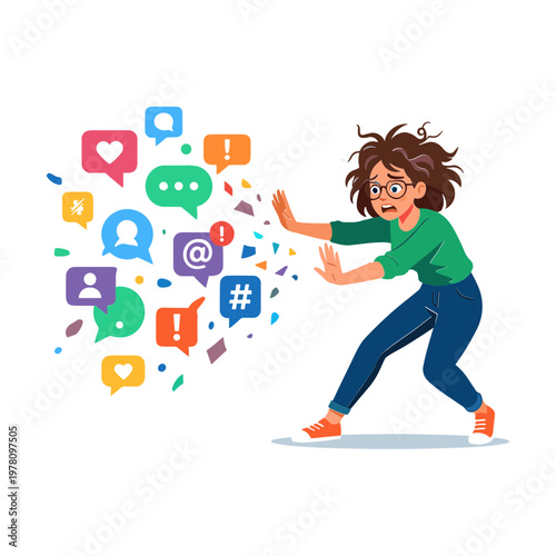 A woman is overwhelmed by a swarm of colorful social media icons.