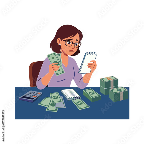 Woman calculating money and checking invoice at office desk with cash