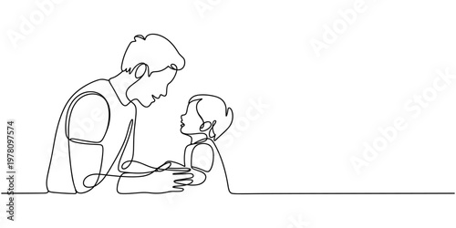 Continuous single line of young father giving some wise advice talk to his child. Happy family parenting concept. Trendy sketch drawing editable stroke vector illustration