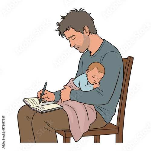Father writes while holding baby on lap in chair