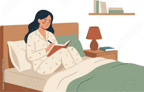 Woman reading book on bed in bedroom with nightstand and lamp