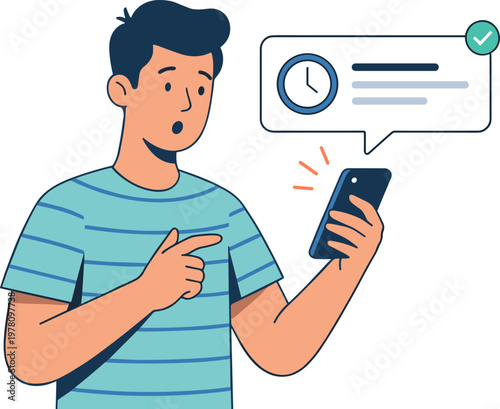 Man checking phone with surprised expression and speech bubble nearby