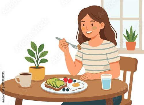 Woman eating breakfast with avocado toast and fruits at a table indoors