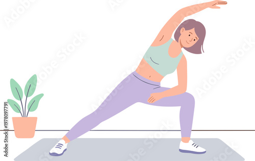 Woman performs yoga stretch on mat with plant nearby indoors