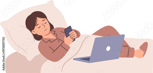 Woman relaxes on bed with laptop and phone in hand