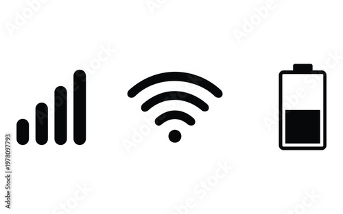 iPhone iOS Status Bar Icon Set Vector with WiFi, Battery, Cellular Signal, and Time Indicators for Mobile UI Design