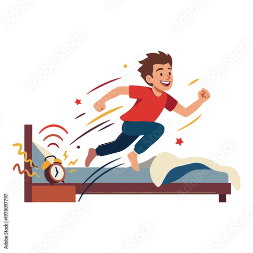 Boy jumps off bed quickly as alarm clock rings loudly nearby