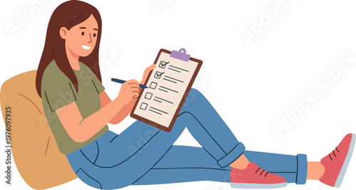 A woman sits on a beanbag chair writing on a clipboard with a pen.