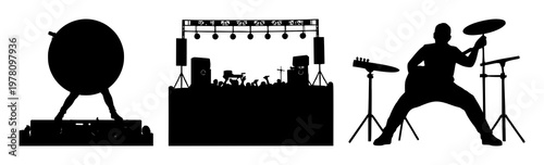 Music festival set with solid black icon on white background featuring music, festival, iconography with event and entertainment