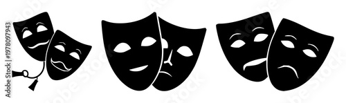 Theater masks set with solid black silhouettes on white background featuring comedy mask, tragedy mask, icon with entertainment and arts