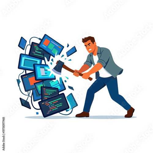 Man aggressively smashing computer screens with a large axe in a chaotic scene