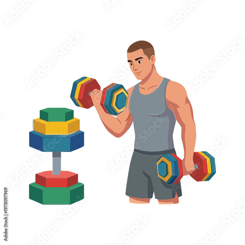 A man exercises with dumbbells next to colorful blocks indoors.