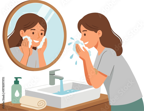 Woman washing face with soap and water in bathroom