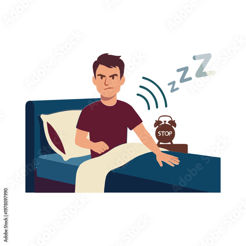 Man wakes up from sleep on bed beside alarm clock