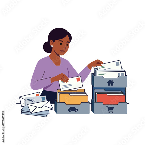 A woman is organizing letters and files in a house office.