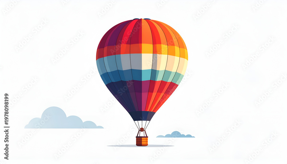 Fototapeta premium Colorful hot air balloon floating in sky with stylized clouds; cartoon vector illustration