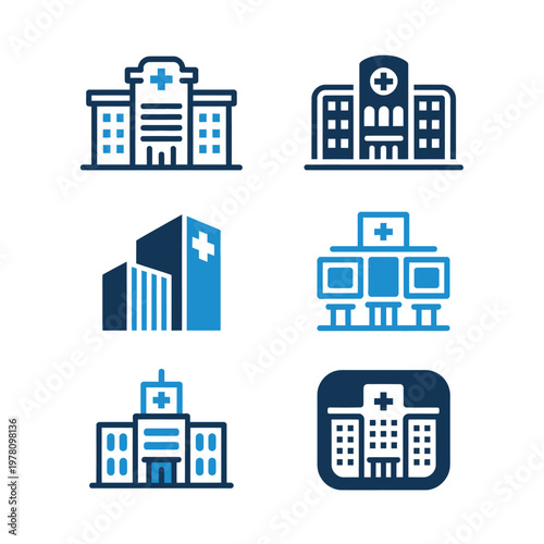 A collection of blue and white medical building icons on a white background