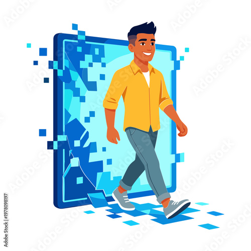 Man steps out of a shattered smartphone screen into a digital world