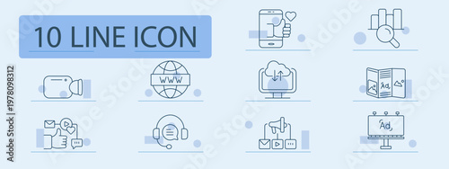 Digital marketing set icon. Megaphone, www, cloud, brochure, smartphone, analytics, like, headset, billboard, promotion, advertising, media, campaign, online, communication, growth