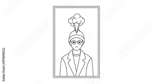 Man with steam coming out of his head, representing stress or a brilliant idea, line art.