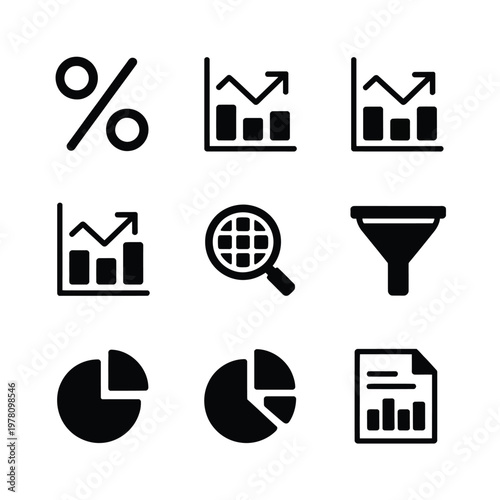 A collection of black icons representing various data analysis and statistics concepts on a white background