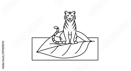 Majestic Tiger Sitting on a Large Leaf, Nature Wildlife Illustration