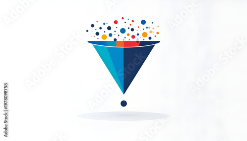 Data funnel concept illustration with filtering and conversion in blue and red tones