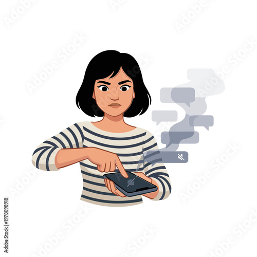 Woman looks concerned while holding a smartphone with speech bubbles floating out.