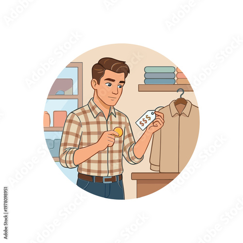 Man holds money and shopping tag in clothing store