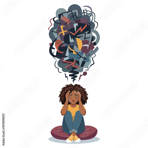 A woman sits cross-legged on a cushion overwhelmed by chaotic thoughts.