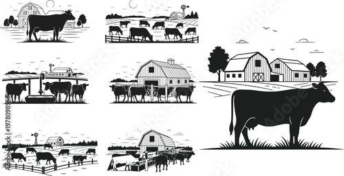 Farm Animal and Barn Icon Set with Cows, Barns, and Rural Agriculture Illustrations for Farming and Livestock Designs