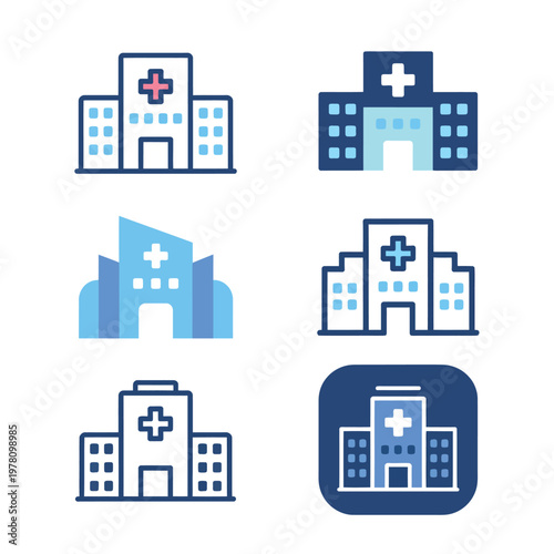 A collection of blue and white hospital building icons on a plain background