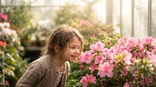 Young Girl Enjoying Blooming Flowers in Spring, Fresh Seasonal Nature Concept