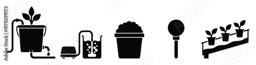 Essential gardening and hydroponics icons illustrating plant cultivation systems, nutrient delivery, soil moisture testing, and multitiered plant displays for educational materials and