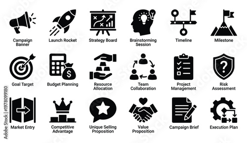 Business strategy and project management icon set presenting essential processes for successful planning development and execution