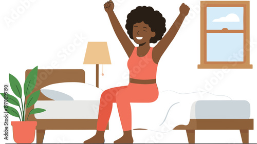 Woman celebrating in bedroom with bed and plant by window