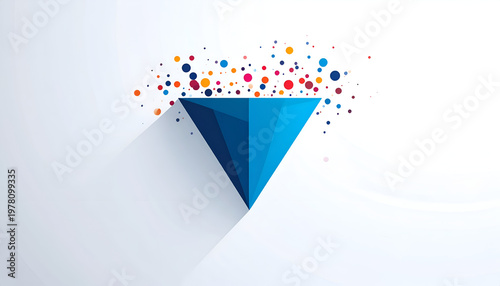 Geometric blue low poly funnel with abstract colorful dots; filter concept
