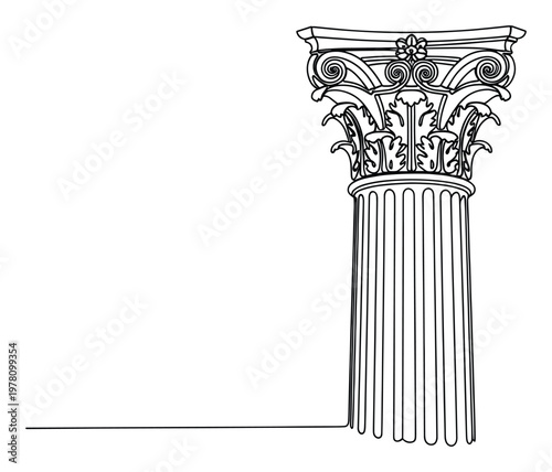 Single continuous line drawing of a classical Corinthian column featuring a detailed capital and fluted shaft, perfect for architectural history presentations or ancient civilization design