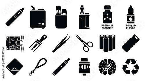A collection of various vaping devices, eliquid ingredients, and essential tools presented as comprehensive visual assets for vape shop branding, instructional guides, or informational