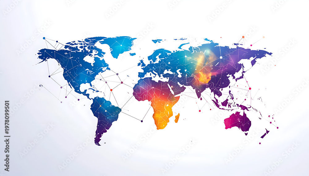 Fototapeta premium Global network map illustration in gradient colors connecting continents; world data