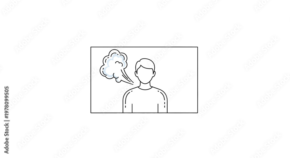 Fototapeta premium Man exhaling steam or smoke, representing stress, anger, or relief, line art icon