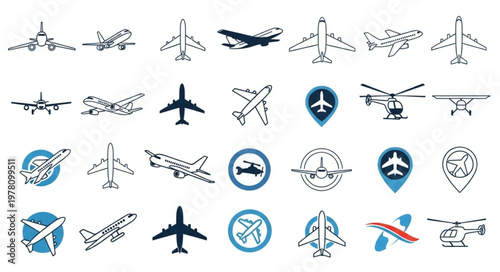 Collection of various airplane and helicopter icons and illustrations.