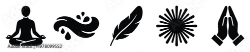 Curated set of spiritual and wellness icons, including meditation, water, feather, sunburst, and praying hands, ideal for promoting peace, tranquility, and mindful living concepts