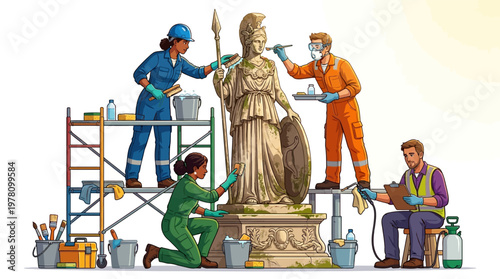 Workers restoring a large statue.