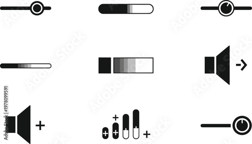 Audio volume icon set, sound control outline, speaker symbol design, music adjustment graphic, user interface illustration artwork