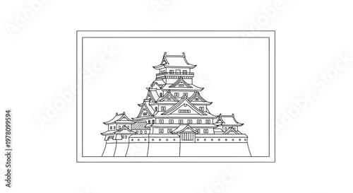 Japanese Castle Outline Drawing, Traditional Architecture, Historical Landmark
