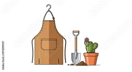 Gardening essentials an apron, shovel, and potted cactus with soil, representing the tools and supplies needed for planting and cultivating a garden