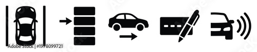 Conceptual icon flow demonstrating automatic car parking assistance, showing vehicle detection, data processing, autonomous maneuvering, user confirmation, and sensor technology for smart