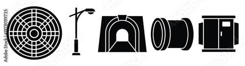 Essential urban infrastructure symbols featuring a manhole cover, streetlight, tunnel, pipe, and utility cabinet, offering versatile graphic resources for city planning, public utility