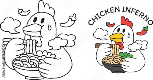 Cute Chicken Eating Spicy Noodles Cartoon Illustration